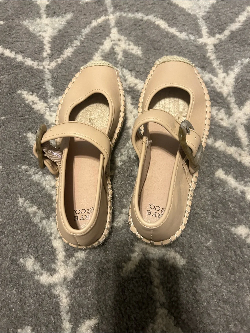 Beige Mary Jane Espadrille Flats with Decorative Buckle